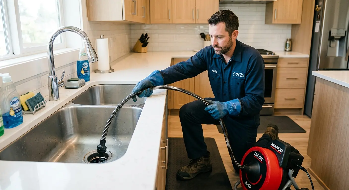 Drain cleaning technician using a motorized snake on a kitchen sink in Chehalis
