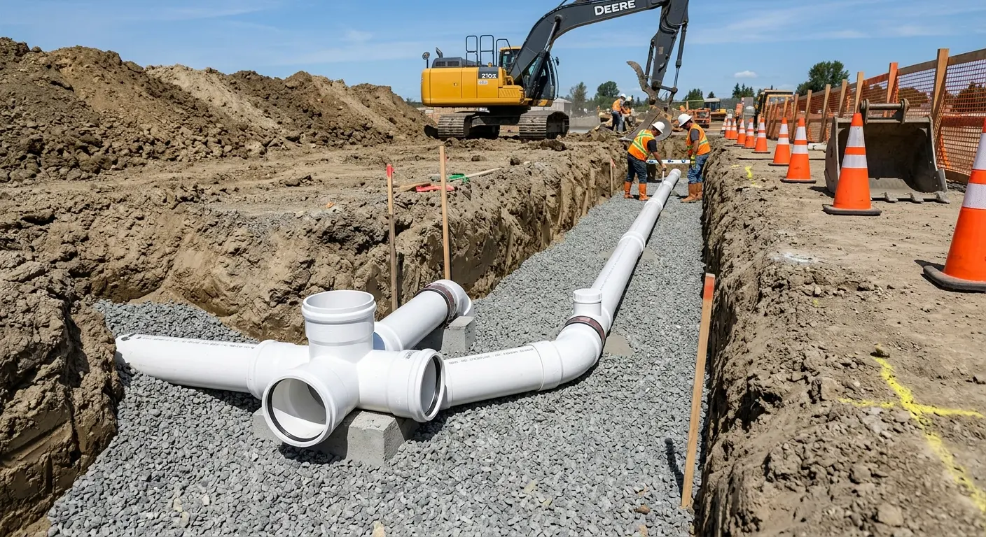 New PVC sewer pipe installation in open trench for Grease Trap Cleaning in Chehalis