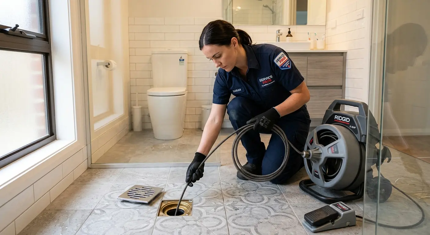 Technician clearing a bathroom floor drain for Hydro Jetting in Chehalis
